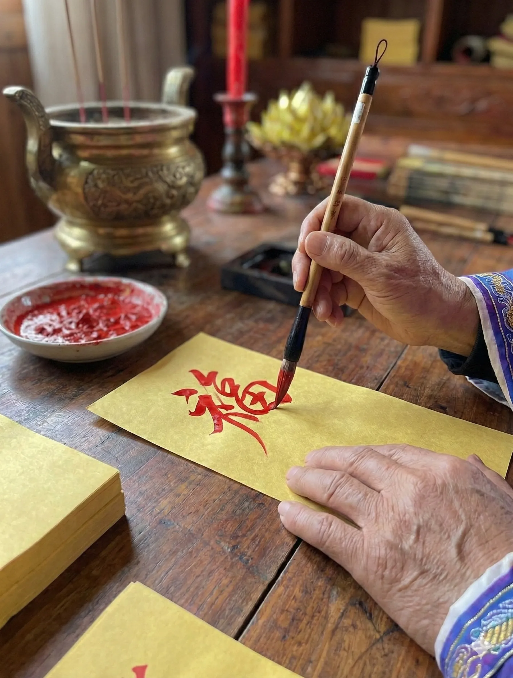 Traditional talisman creation with cinnabar ink